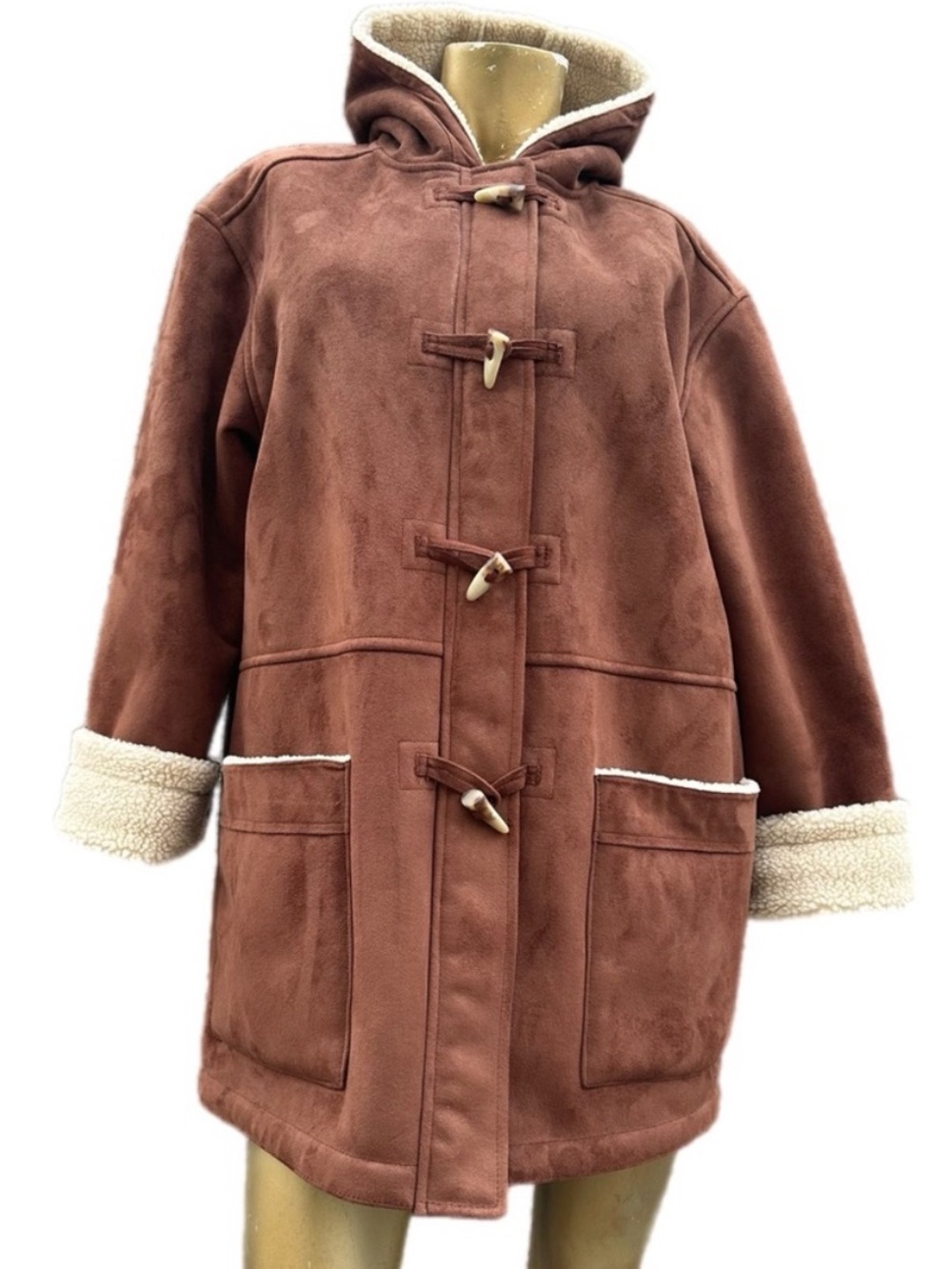 Lauren Ralph Lauren Micro Suede Sherpa Lined Toggle Duffle Coat XL Brown Hooded